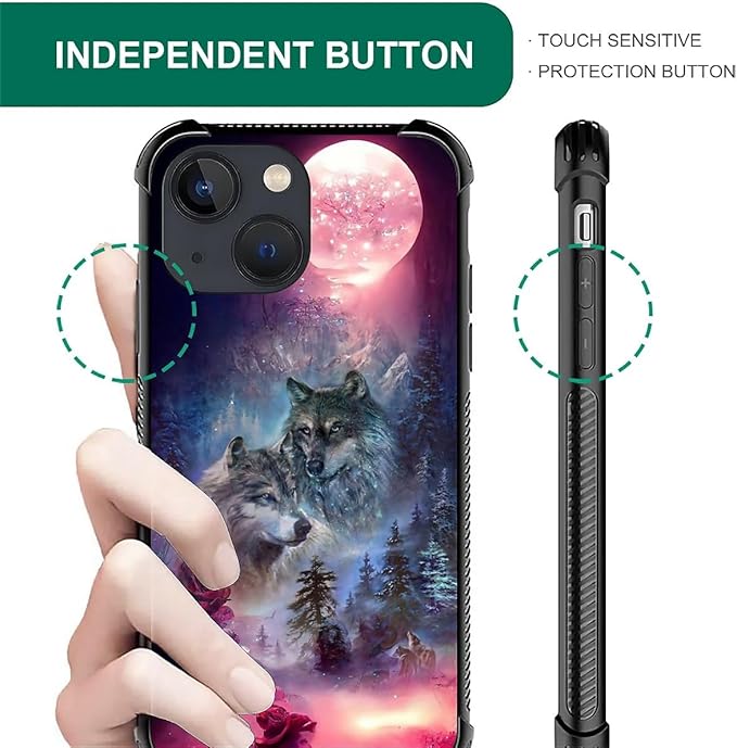 for iPhone 14 Case, Star Two Wolfs Howling Pattern Graphic Design Girl Boy Soft Silicone Hard Acrylic Shock Protection for iPhone 14