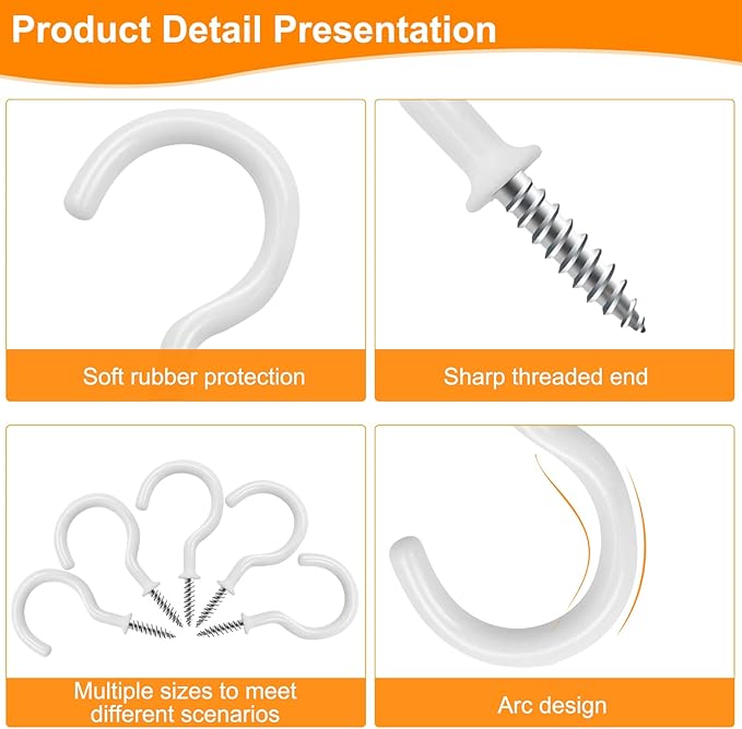 Cup Screw Hooks,1-1/2 Vinyl Coated Ceiling 45 Pack Screw in Hooks Plant Hanger Wind Chimes Kitchen Cup Hooks Great for Hanging Indoor & Outdoor Use(White)