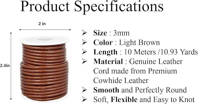 GENIQUE Real/Genuine Round Leather String Cord for Necklace, Bracelets, Jewelry, Kumihimo Braiding, DIY Projects (10 Metres) (3mm, Light Brown)