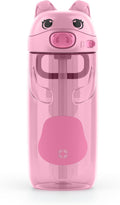Ello Ellies 16oz Plastic Kids Water Bottle with Straw and Built-in Carrying Handle and Leak-Proof Locking Lid for School backpack, Lunchbox and Outdoor Sports, Pig