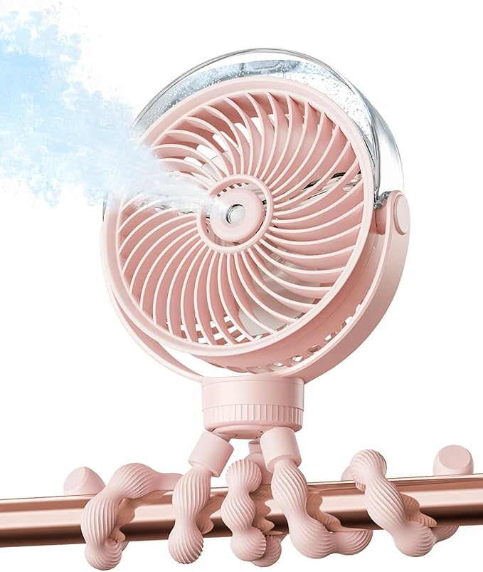 SWEETFULL Misting Stroller Fan – Portable Baby Fan with Spray Cooling, 4 Speeds, Quiet Rechargeable Fans for Travel, Outdoor, Golf Cart, Car Seat, Beach (Pink)