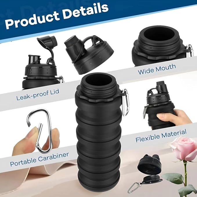 Collapsible Water Bottles 2 Pack Travel water bottle Sports Portable Water Bottle Reusable Water Bottles 500ml. (Black+Light Grey)