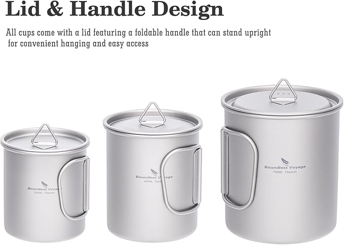 Boundless Voyage Titanium Camping Mug with Lid 300ml 450ml 750ml Lightweight Folding Handle Cup for Outdoor Backpacking Hiking Travel Durable Portable (300ml)