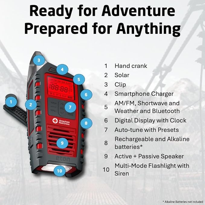 Eton Odyssey Multi-Powered All-Band Bluetooth Emergency Radio with RDS, Red