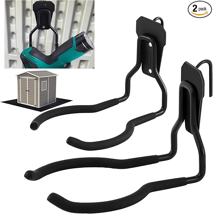 MorningRo 2 Pack Shed Accessories Multi Purpose Shed Hooks Metal Power Tool Holder for Large or Small Tools or Shovels, Black (Arched Shape)