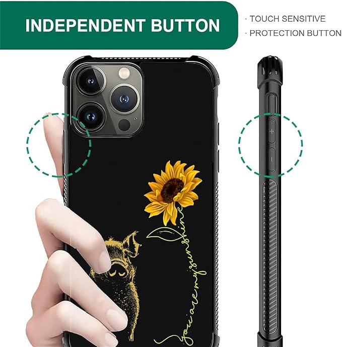 for iPhone 15 Pro Max Case, Pig Sunflower Yellow Sunshine Pattern Graphic Design Girl Boy Soft Silicone Hard Acrylic Shock Protection for iPhone 15 Pro Max