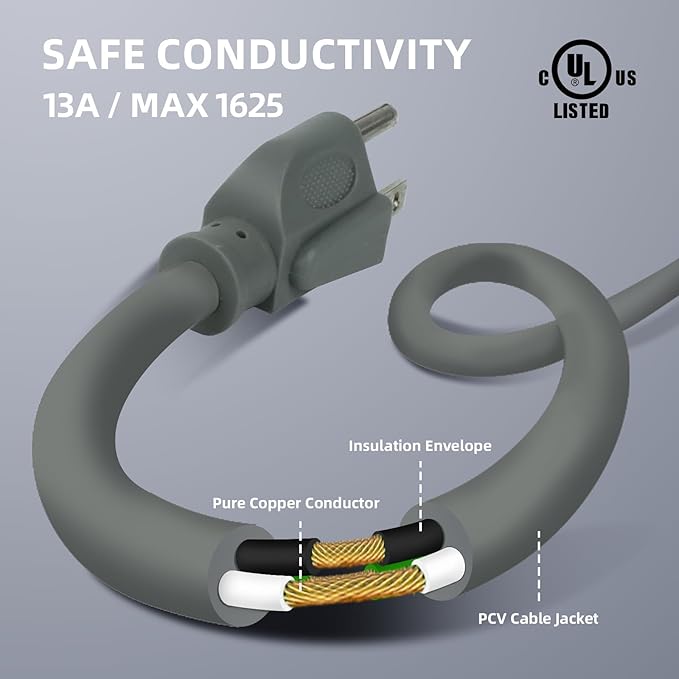 EP 2 Pack 10 Ft Outdoor Extension Cord, 16/3 SJTW Heavy Duty Power Cord, 3 Prong Grounded Plug, Waterproof, Cold-Resistant, 13A 1625W, Ideal for Indoor, Garden, Lawn, and Home Use Gray