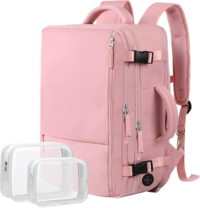 Hanples Carry on Travel Backpack for Women, Large 40L Personal Item Luggage Backpack,17inch Laptop Backpack TSA Flight Approved, Travel Essentials Casual Daypack with 2 Toiletry Bags (Pink)