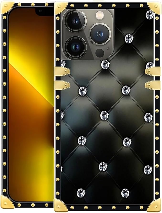 Compatible with iPhone 13 Pro Case, Shiny Black Sofa Crystal Luxury Golden Decoration for Girl Women Soft TPU Shockproof Protective Hard PC Back for iPhone 13 Pro