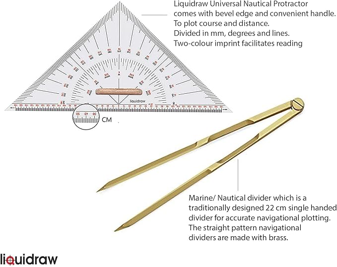 Liquidraw Marine Navigation Divider Universal Nautical Protractor Set Square Set of 6 | Triangle Ruler & Brass Divider | Essential For Sailing, Accurate Navigational Plotting & Portland Course Plotter