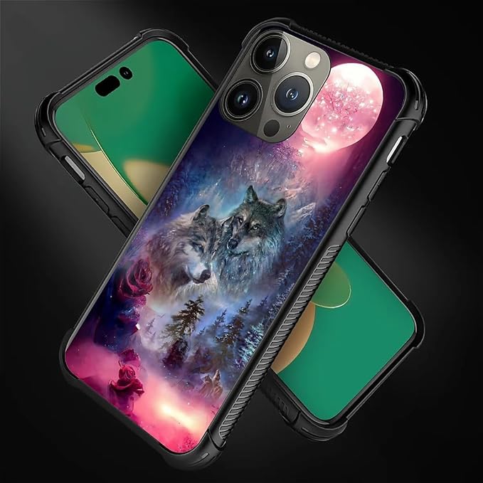 for iPhone 14 Pro Case, Star Two Wolfs Howling Pattern Graphic Design Girl Boy Soft Silicone Hard Acrylic Shock Protection for iPhone 14 Pro