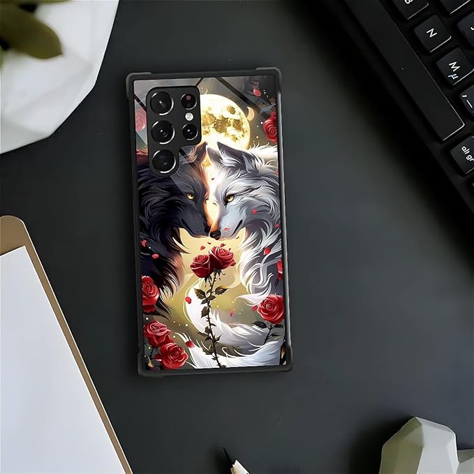 for Samsung Galaxy S23 Ultra Case, Black White Wolf Moon Flower Rose Pattern Graphic Design Girl Boy Soft Silicone Hard Acrylic Shock Protection for Samsung Galaxy S23 Ultra