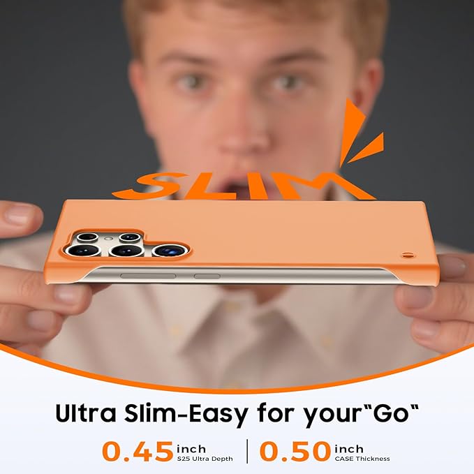 GRECAZO Slim Borderless for Samsung Galaxy S24 Ultra Phone Case 6.8"(2024) Ultra-Thin Lightweight Frameless Matte Hard PC Cover Case with Pull Ring Minimalist Non Slip Rope-Orange