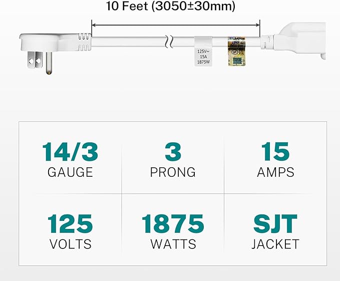 FIRMERST 1875W Flat Plug Extension Cord 10 Feet 14 AWG 15A White, Pack of 2