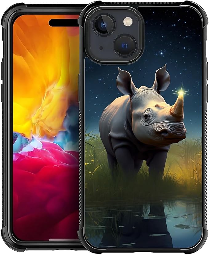 for iPhone 15 Plus Case, Rhino Water Marshes Pattern Made of Soft Silicone Hard Acrylic Shock Protection for iPhone 15 Plus