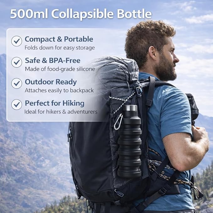 Collapsible Water Bottles,16oz Portable Reusable Silicone Water Bottle,Leak-proof,with buckle,foldable storage,Lightweight Durable for Fitness,Cycling,Sports,Camping,Hiking (Black+Green)