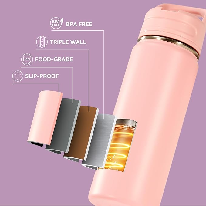 Fijinhom 18oz Insulated Stainless Steel Water Bottle with Straws, Double Wall Vacuum Insulated Bottles, Metal Thermo for Travel, Sports, Leak-Proof, BPA Free, Women & Men, Pink
