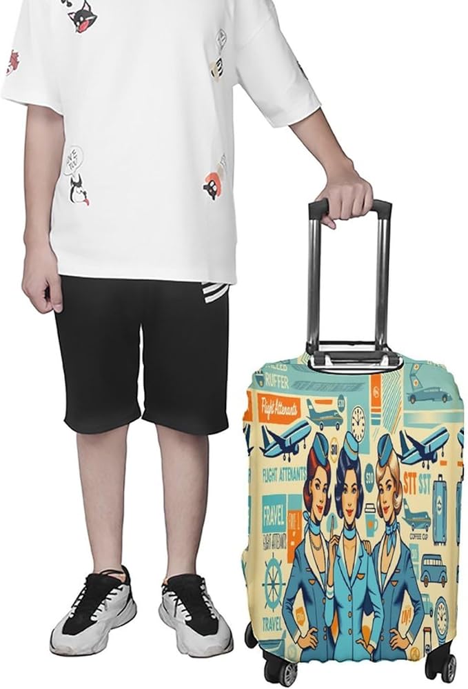 Flight Attendants Travel Vintage Style Retro Stretch Luggage Cover, Washable Suitcase Protector Fits 30-32in Cases, Secure Fit for Carry On Checked Bags, Travel Essentials