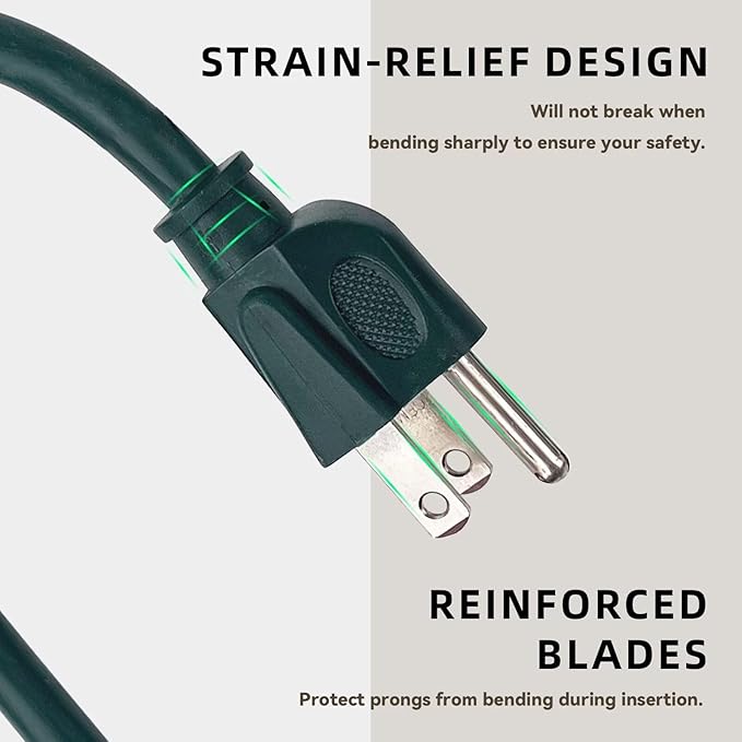 15ft Outdoor Extension Cord for Christmas Decorations - 16/3 Heavy Duty SJTW Waterproof Green Electrical Cable with 3 Prong Grounded Plug for Safety, Great for Lawn and Major Appliances