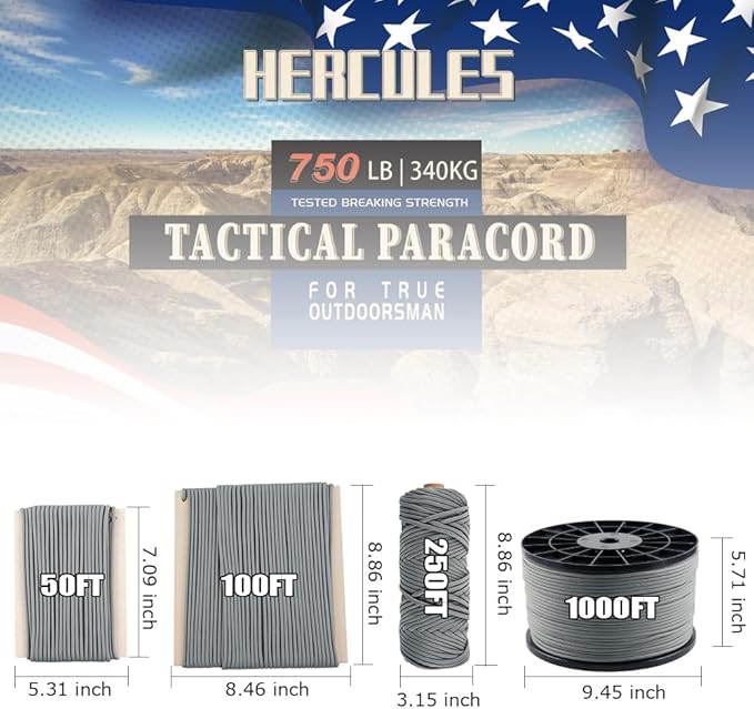 HERCULES 750lb Paracord 4mm 11 Strands Tactical Parachute Cord, 50' 100' 250' 1000' Utility Rope for Camping, Survival, Outdoor Gear (Dark Gray, 50FT)