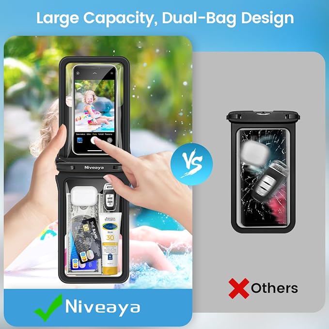 Niveaya Double Space Waterproof Phone Pouch - 2 Pack, Waterproof Phone Lanyard Case with iPhone 17/16/15/14/13 Pro Max up to 8.3", Phone Dry Bags for Vacation Beach Pool Kayak Cruise Travel Essentials