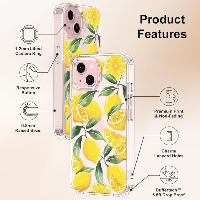 MOSNOVO Case for iPhone 15, [Buffertech 6.6ft Military-Grade Drop Protection] [Anti Peel Off Tech] Clear TPU Bumper Phone Case Cover Design - Lemon