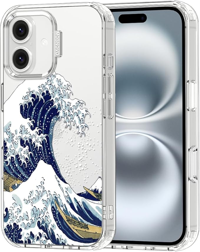 MOSNOVO Case for iPhone 16, [Buffertech 6.6ft Military-Grade Drop Protection] [Anti Peel Off Tech] Clear TPU Bumper Phone Case Cover Design - Great Wave