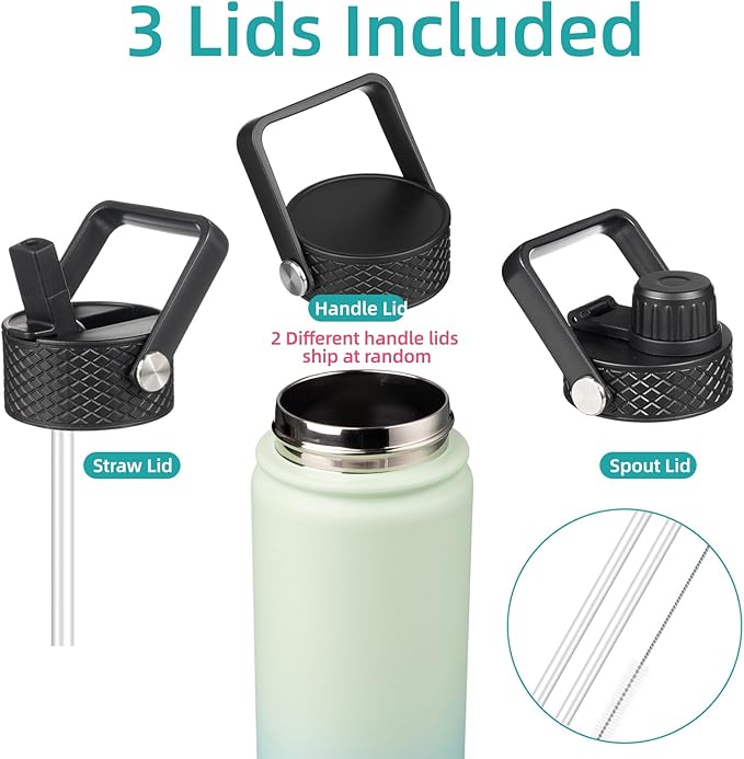 Konokyo Insulated Water Bottle 24oz Stainless Steel Sport Bottles with 3 Lids,Mint