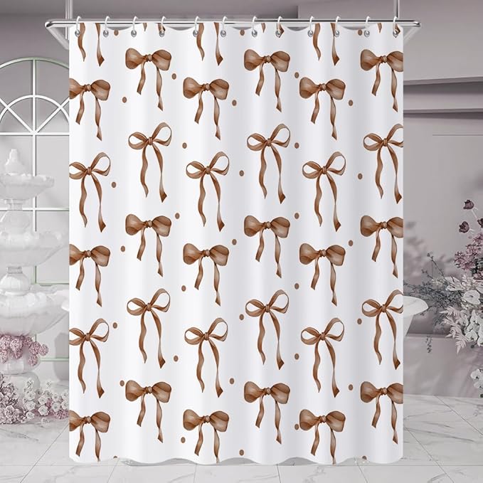 Brown Bow Shower Curtain, Brown and White Modern Aesthetic Bowknot with Polka Dot Cute Girly Bathroom Curtain Waterproof Fabric Machine Washable with Hooks, 72" Wx84 L