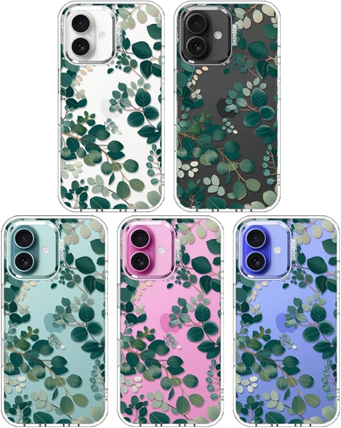 MOSNOVO Case for iPhone 16 Plus, [Buffertech 6.6ft Military-Grade Drop Protection] [Anti Peel Off Tech] Clear TPU Bumper Phone Case Cover Design - Eucalyptus