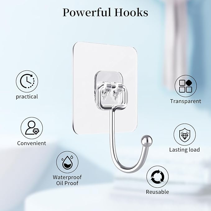 20 PCS Heavy Duty Adhesive Hooks, 33 lb Load - Bearing, Waterproof & Reusable, Ideal for Kitchen, Bathroom, Office & Home Organization
