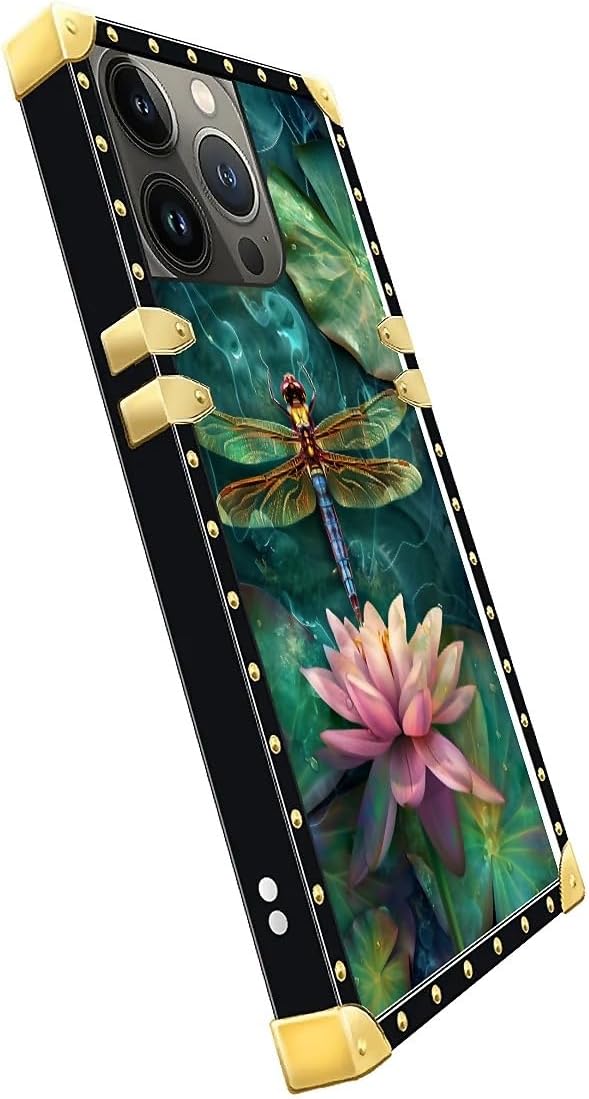 Compatible with iPhone 14 Pro Max Case, Colourful Dragonfly Pink Lily Pads Luxury Golden Decoration for Girl Women Soft TPU Shockproof Protective Hard PC Back for iPhone 14 Pro Max