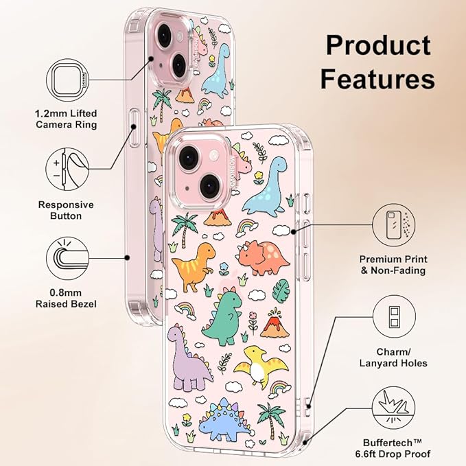 MOSNOVO Case for iPhone 15, [Buffertech 6.6ft Military-Grade Drop Protection] [Anti Peel Off Tech] Clear TPU Bumper Phone Case Cover Design - Dinosaur Land