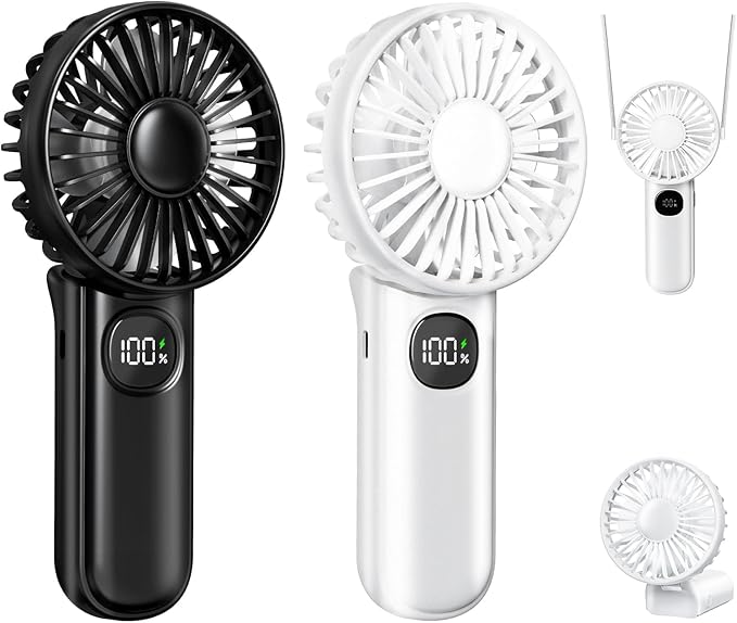 Portable Fan, Handheld Fans 2-Pack, 180° Foldable Hand Held Fan with Lanyard, 5-Speed Small Personal Fan Ultra quite, Electric Travel Fan for Outdoor, Office, for Men Women -Black & White