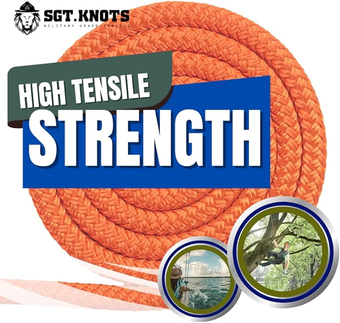 SGT KNOTS Arborist Double Braided Polyester Rope - Heavy Duty Tree Pulling Rope, Rigging, Tree Ropes, Arborist Pulling, Felling, Sailing, Industrial Rigging (0.5 in x 150 ft) Orange