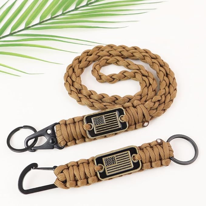 2pcs Heavy Duty Braided Paracord Lanyard Keychains with USA Flag, Parachute Rope Necklace for Outdoor Activities