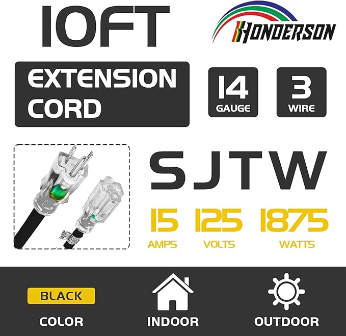 Indoor Outdoor Extension Cord Weatherproof with Lighted End, UL Certified, 14 Gauge 10FT Black 3 Prong Heavy Duty, 14/3 SJTW 15A Power Cord for Outdoor Lights, Lawn