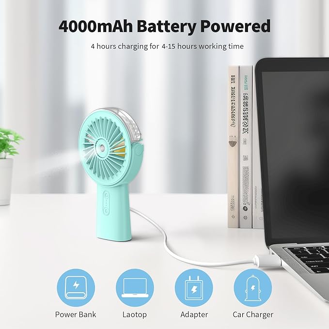Otlonpe Handheld Misting Fan Portable, Small Personal Hand Held Rechargeable Mist Fan Water Spray, 4000mAh Battery Operated Hand Mister Fans 3-Speed, 4-15 Hrs Runtime for Travel Home Office Outdoor