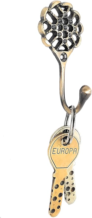 FAPBADRI Multipurpose Hooks, Used to Hang Clothes, Bags, Coats, Curtain Hold Backs, Keys, Colour - Antique Gold, Material - Brass, Mesh Design, Screws and Wallplugs Included, Pack of 4 Pieces