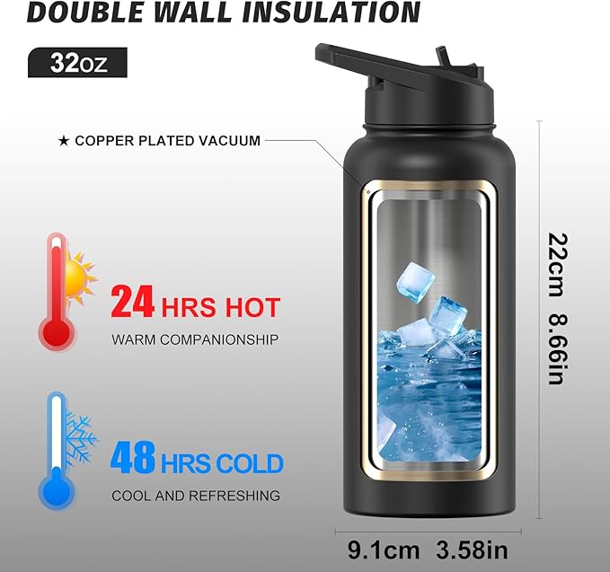 32oz Insulated Water Bottle (Cold for 48 Hrs),BPA Free&Leak Proof,Stainless Steel Water Flask,Water Jug with Straw Spout Lids for Gym,Hiking,Travel,Black