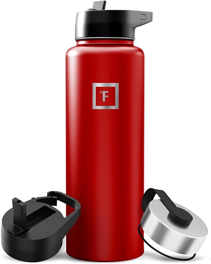 IRON °FLASK Camping & Hiking Hydration Flask with Straw, Wide Mouth Insulated Stainless Steel Sports Water Bottle - 40 oz Fire Red