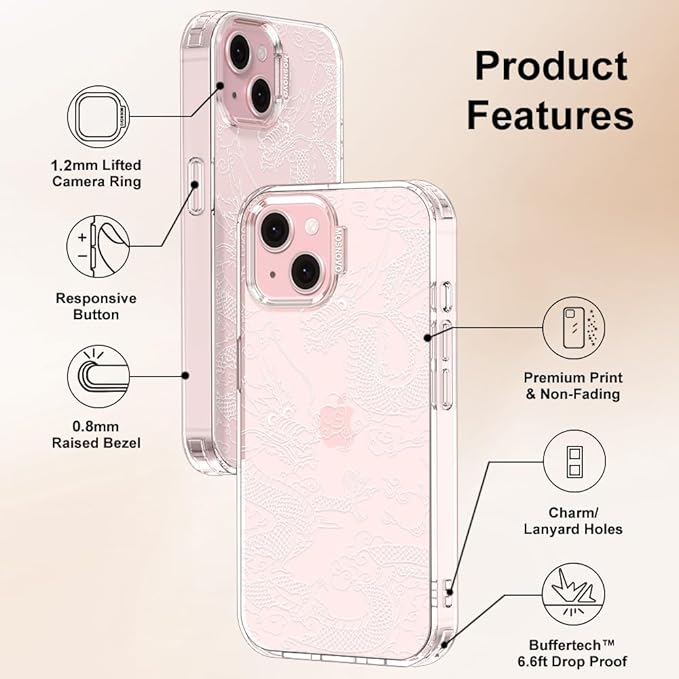 MOSNOVO Case for iPhone 15, [Buffertech 6.6ft Military-Grade Drop Protection] [Anti Peel Off Tech] Clear TPU Bumper Phone Case Cover Design - White Dragon
