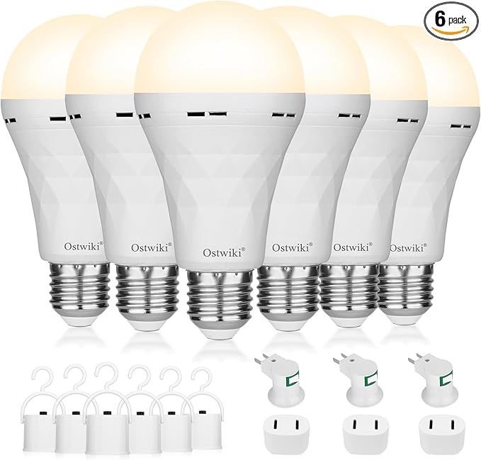 Ostwiki Rechargeable Light Bulbs, 1200mAh Led Battery Backup Bulb for Lamps 6 Pack Emergency Light Bulbs for Power Outage Hurricane Camping 9W 3000K A21 Warm Light Battery Operated Light Bulb E26