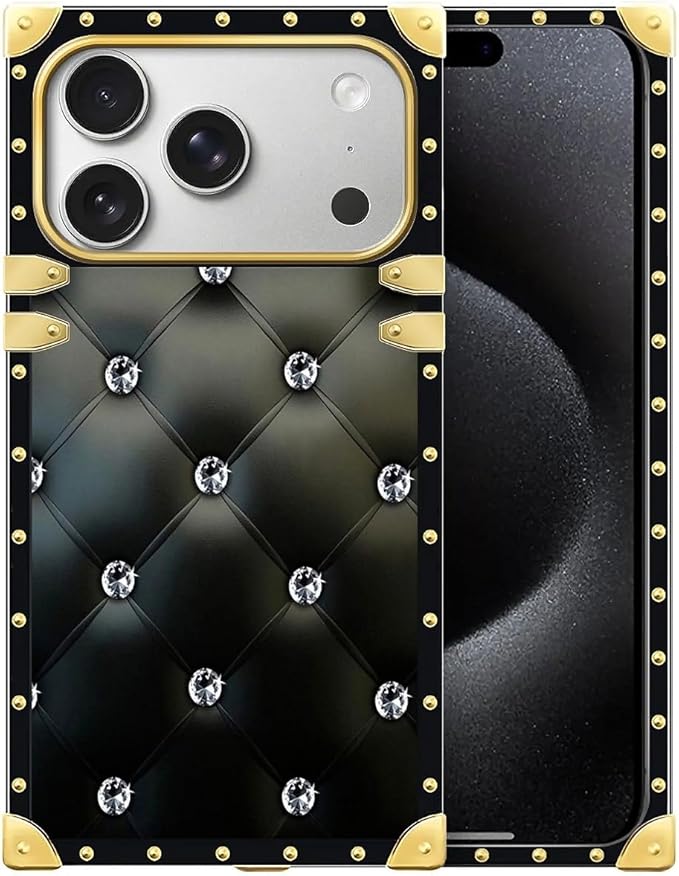 for iPhone 17 Pro Max Case Luxury Golden Decoration for Girl Women Soft TPU Shockproof Protective Hard PC Back for iPhone 17 Pro Max Crazy Pattern Shiny Black Sofa Crystal