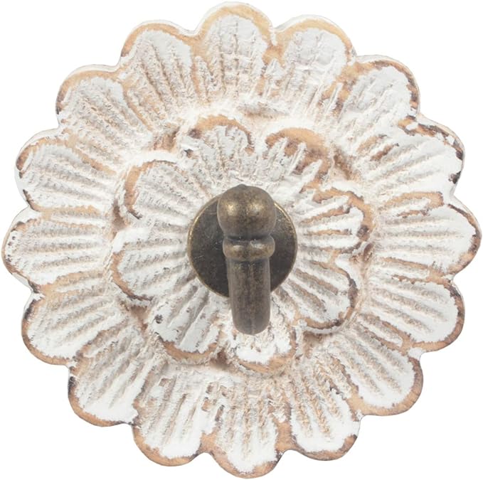 dwellington Distress Wood Flower Coat Hooks for Wall Hanging, Single Small Vintage Decorative Hanger for Keys, Bags, Towels (Robe Hanger)