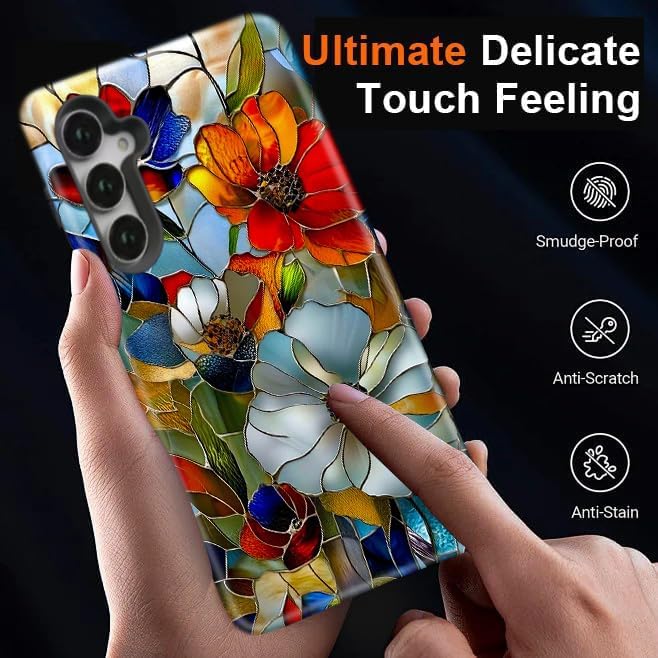 Compatible for Samsung Galaxy S25 FE 5G Case, Dual Layer Heavy Duty 2 in 1 Shockproof Protective Phone Case,Stained Glass Blooming Flowers