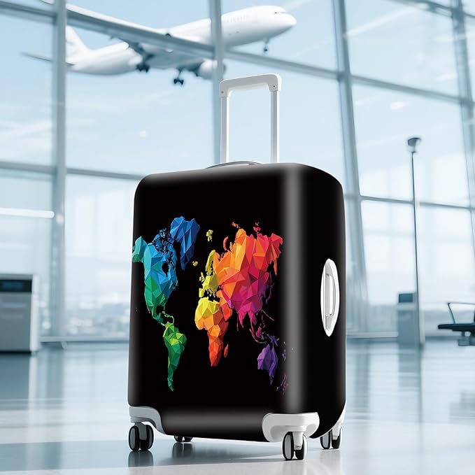 ANNA QUEEN Geometric World Map Travel Luggage Cover -Stretchable Airplane Suitcase Protector Sleeve,Universal Washable Fit for 28-30 Inch Checked Baggage,Water Resistant Durable Luggage Protector