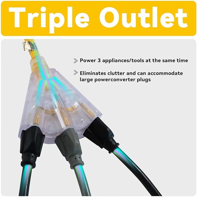 EP 2 Pack 25 Ft 12 Gauge Heavy Duty Extension Cord, 15A 125V 1875W, 3 Outlet Indoor/Outdoor Power Cord with Lighted End, 12/3 SJTW Weatherproof Yellow