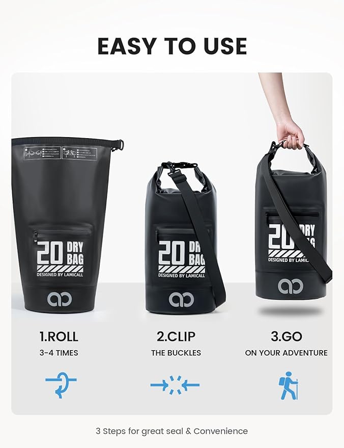 Lamicall Waterproof Dry Bag with Phone Pouch, Floating Roll Top Backpack, 20L, Black