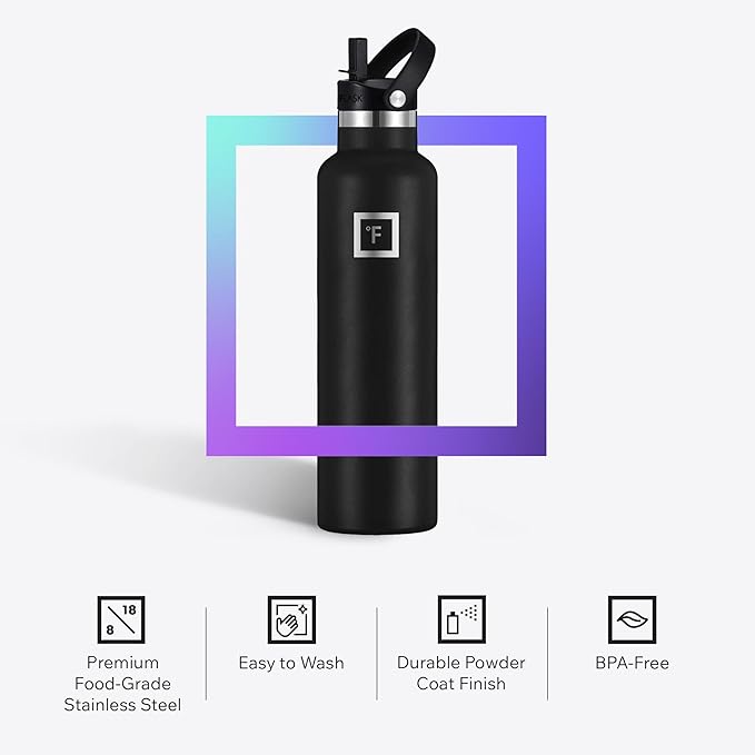 IRON °FLASK Camping & Hiking Hydration Flask with Straw, Narrow Mouth Insulated Stainless Steel Sports Water Bottle - Day & Night 24 oz - Straw (1 Lid)